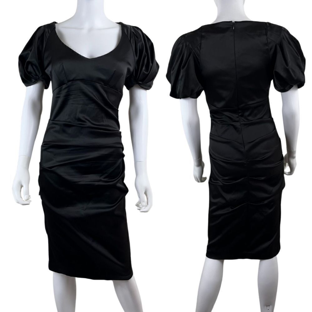 Cache Womens Size 10 Black Satin Ruched Puff Sleeve Midi Bodycon Dress Vintage